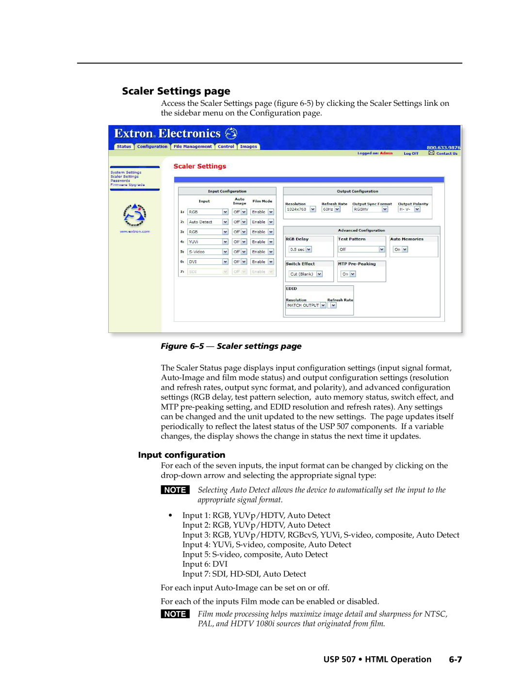 Extron electronic manual Scaler Settings page, 5 — Scaler settings page, Input configuration, USP 507 • HTML Operation 