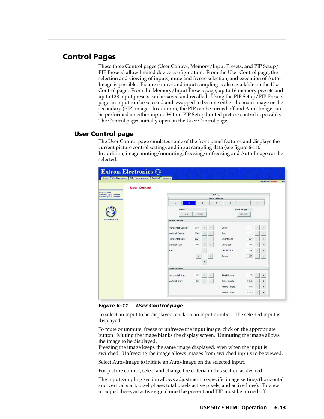 Extron electronic manual Control Pages, 11 - User Control page, USP 507 • HTML Operation 