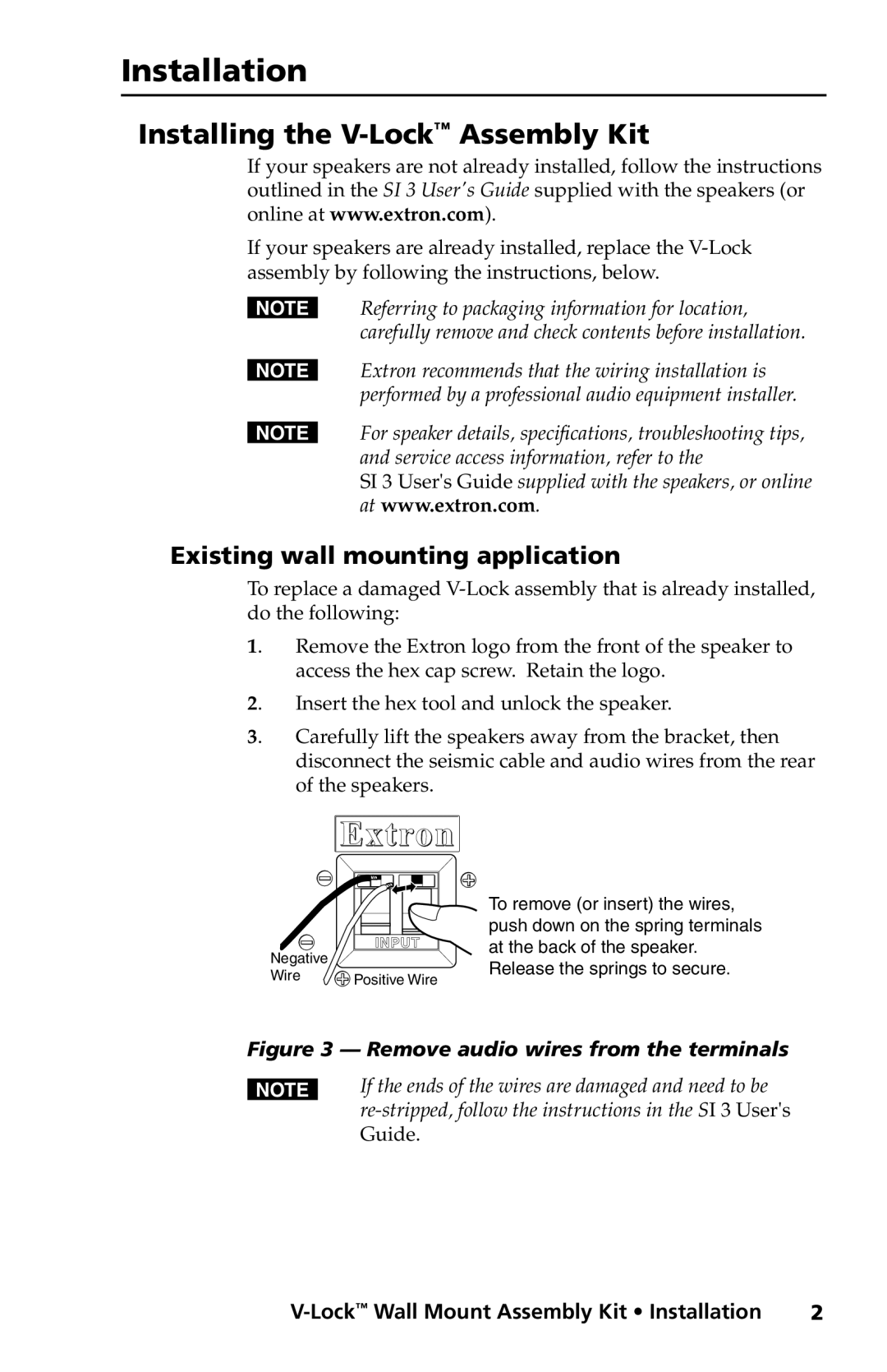 Extron electronic V-LockTM manual Installation, Installing the V-LockAssembly Kit, Existing wall mounting application 