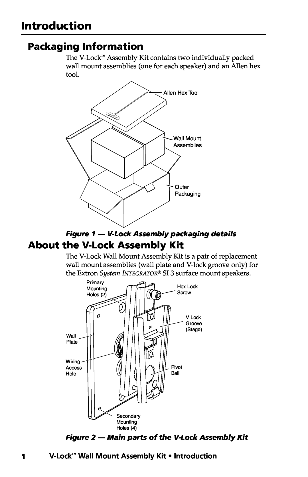 Extron electronic V-LockTM manual Introduction, Packaging Information, About the V-LockAssembly Kit 
