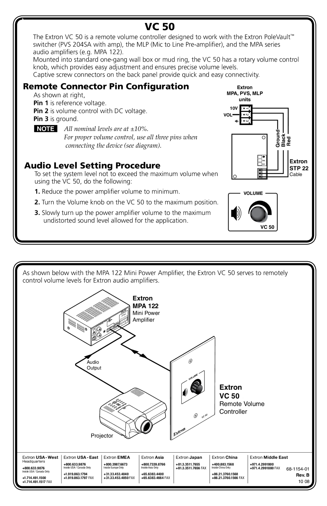 Extron electronic VC 50 manual Remote Connector Pin Configuration, Audio Level Setting Procedure, Extron 