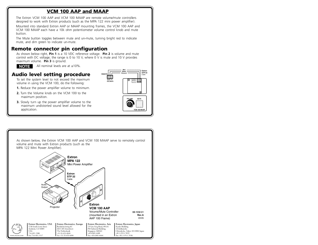 Extron electronic VCM 100 AAP, VCM 100 MAAP manual Remote connector pin configuration, Audio level setting procedure 