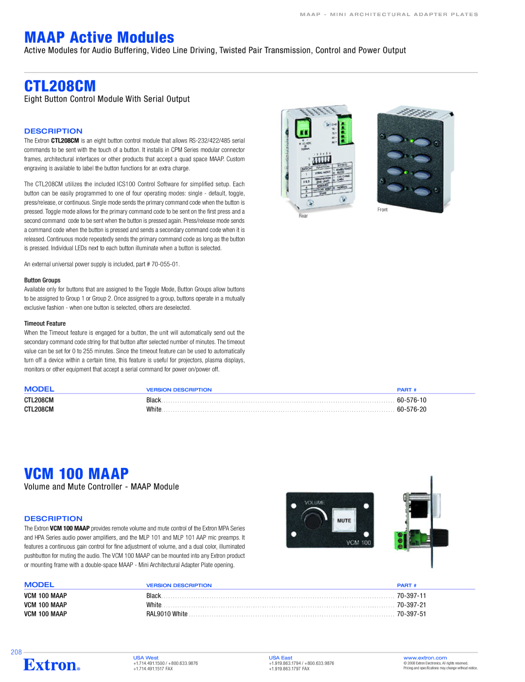 Extron electronic VCM 100 MAAP specifications CTL208CM, VCM 100 Maap, Eight Button Control Module With Serial Output 