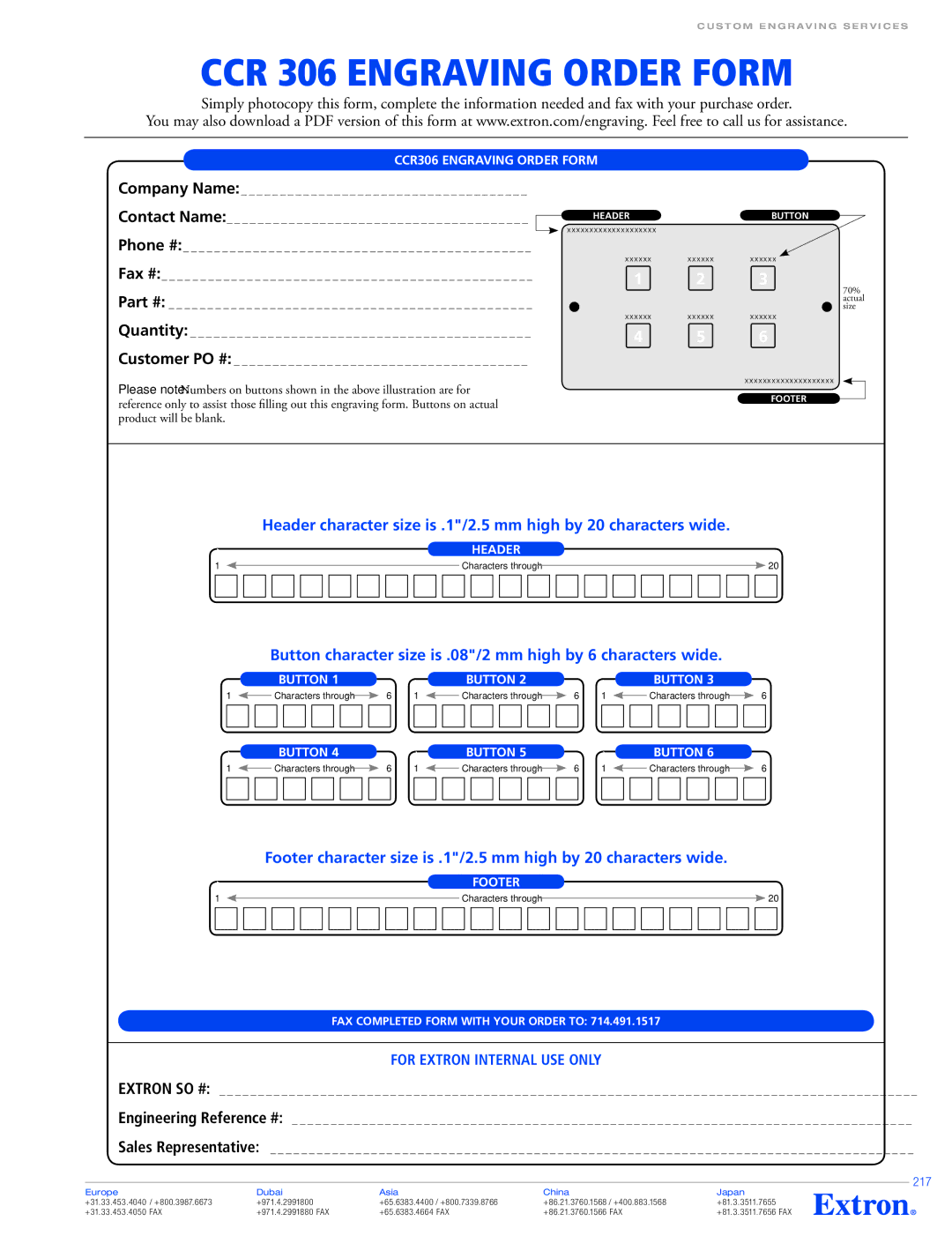 Extron electronic VCM 100 MAAP specifications CCR 306 Engraving Order Form, CCR306 Engraving Order Form, 217 