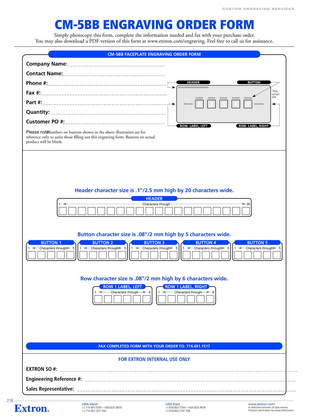 Extron electronic VCM 100 MAAP specifications CM-5BB Engraving Order Form, CM-5BB Faceplate Engraving Order Form, 218 