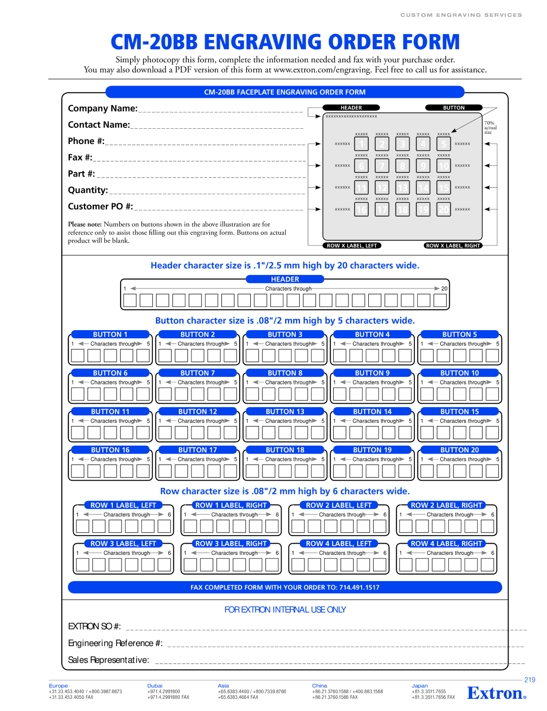 Extron electronic VCM 100 MAAP specifications CM-20BB Engraving Order Form, CM-20BB Faceplate Engraving Order Form, 219 