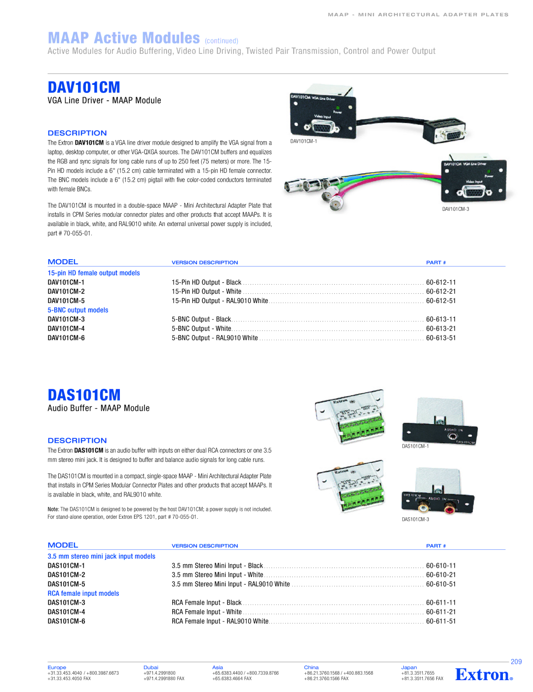 Extron electronic VCM 100 MAAP specifications DAV101CM, DAS101CM, VGA Line Driver Maap Module, Audio Buffer Maap Module 