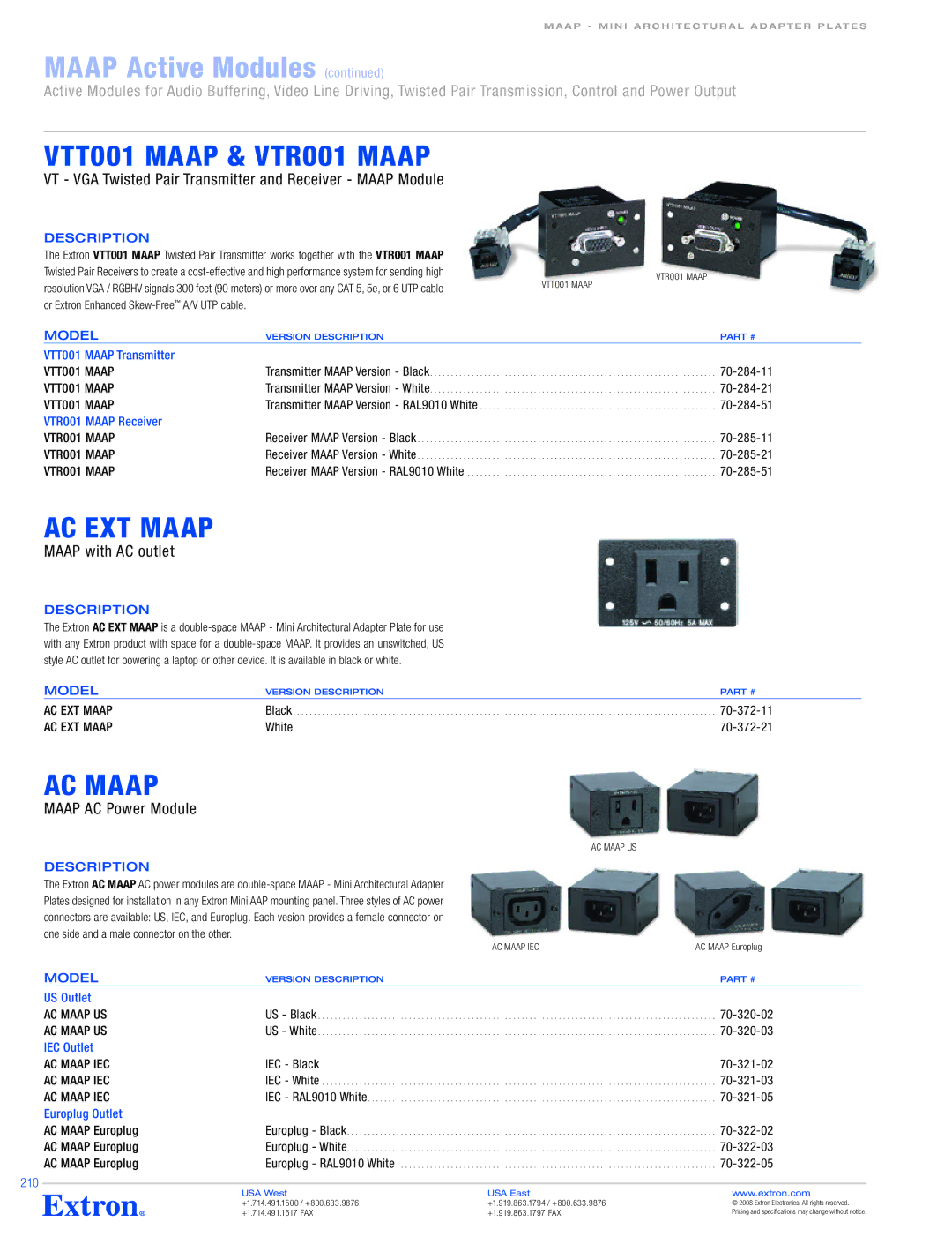 Extron electronic VCM 100 MAAP specifications VTT001 Maap & VTR001 Maap, AC EXT Maap, AC Maap 