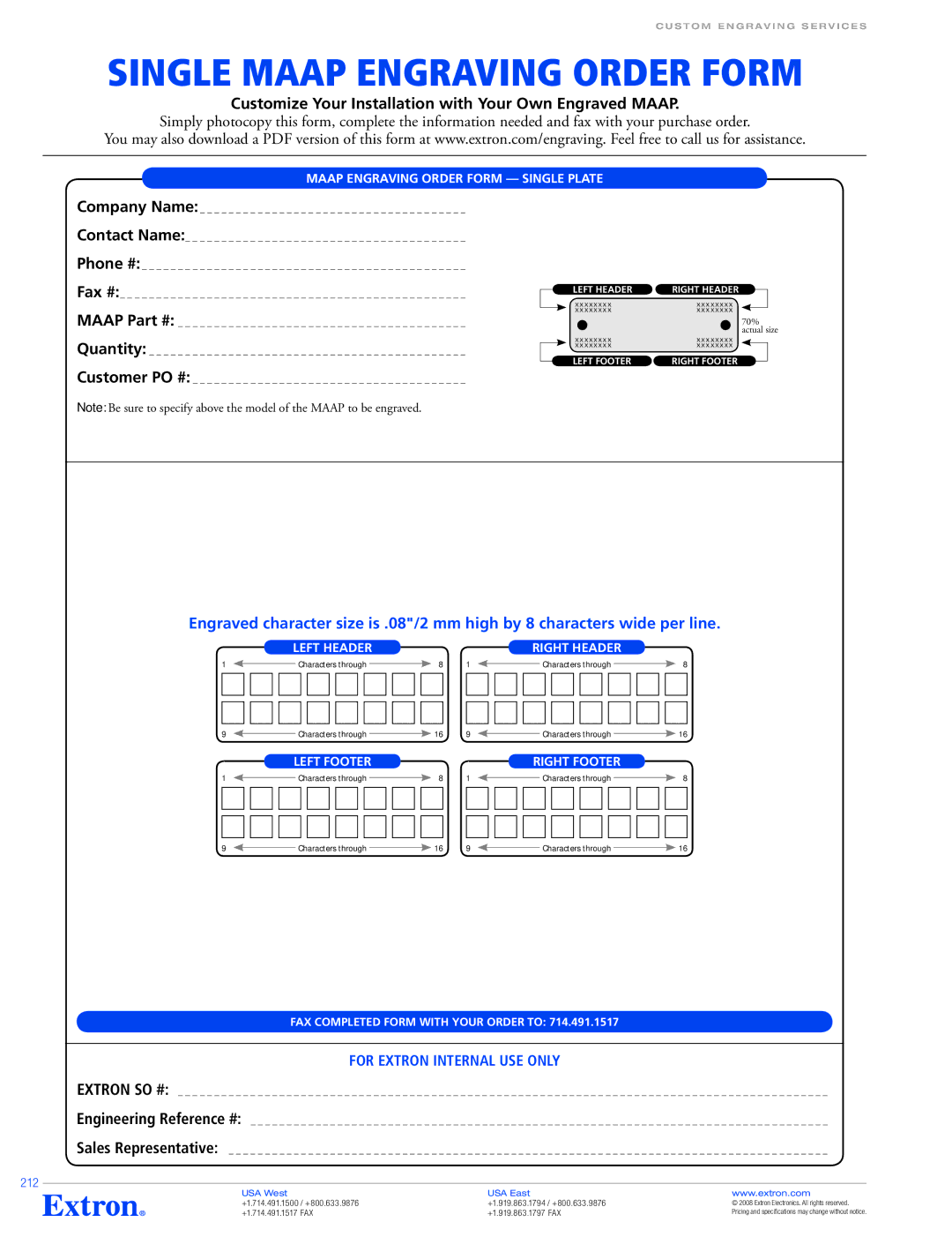 Extron electronic VCM 100 MAAP specifications Single Maap Engraving Order Form, Maap Engraving Order Form Single Plate, 212 