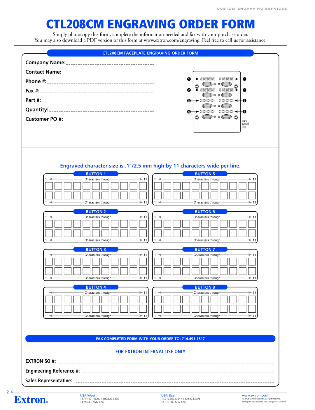 Extron electronic VCM 100 MAAP specifications CTL208CM Engraving Order Form, CTL208CM Faceplate Engraving Order Form, 214 