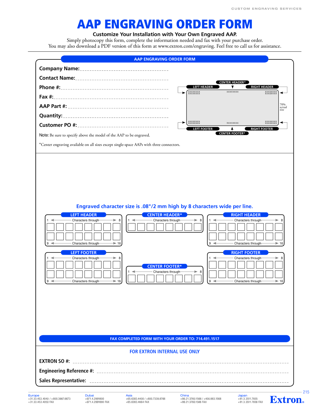 Extron electronic VCM 100 MAAP specifications AAP Engraving Order Form, 215 