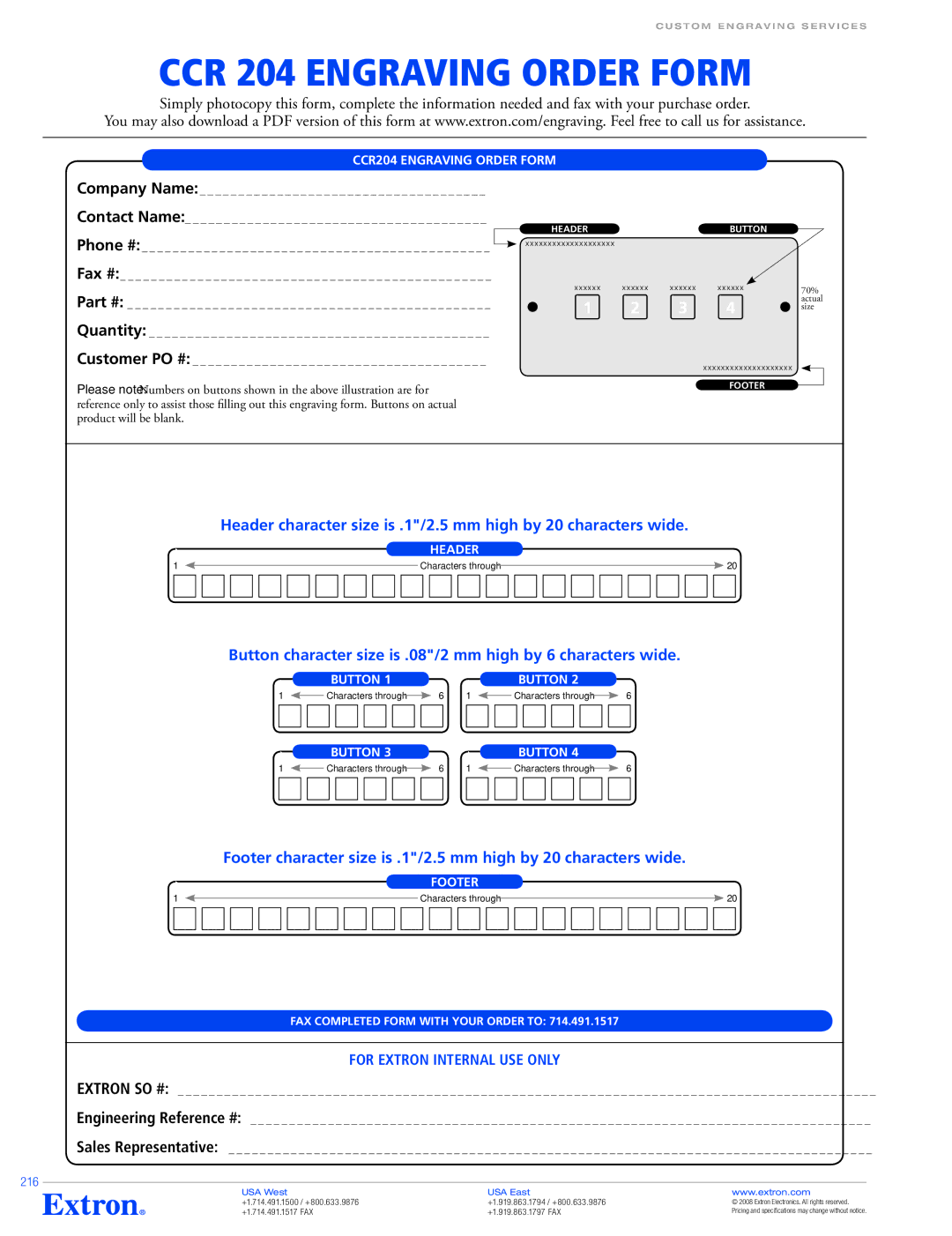 Extron electronic VCM 100 MAAP CCR 204 Engraving Order Form, CCR204 Engraving Order Form, Button, Footer, 216 