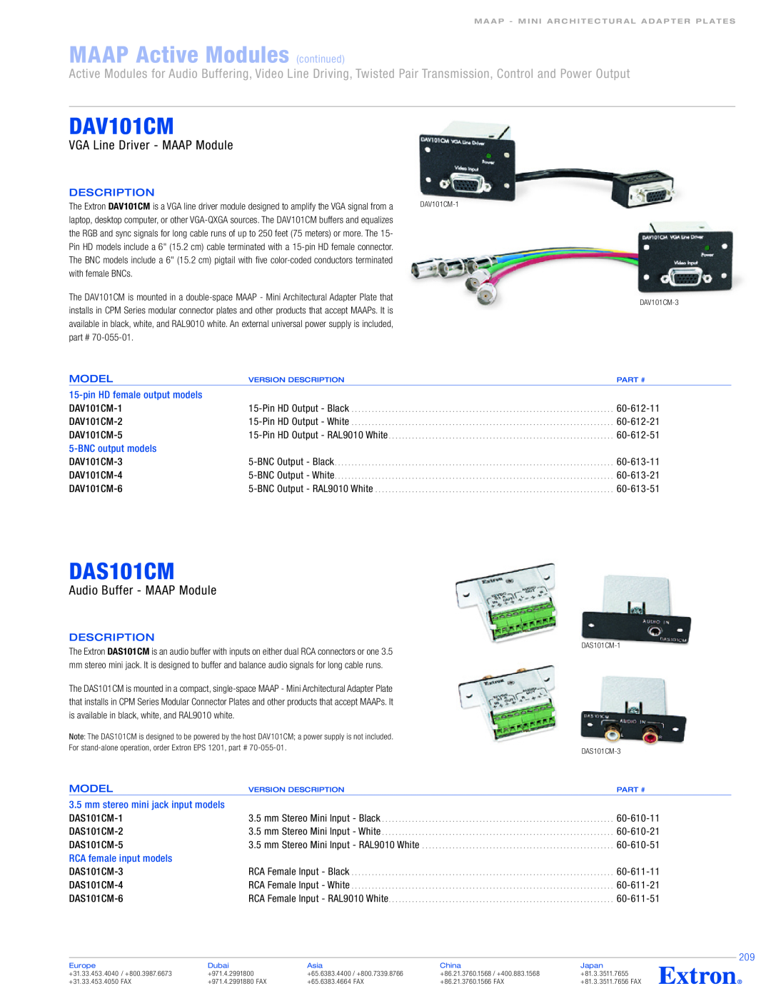 Extron electronic VCM 100 MAAP MAAP Active Modules continued, DAV101CM, DAS101CM, VGA Line Driver - MAAP Module, Model 