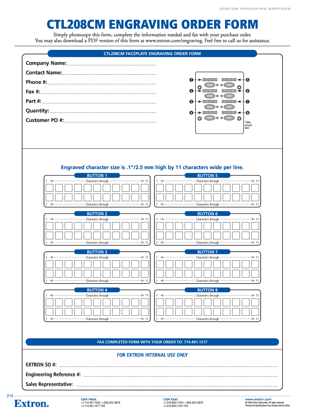 Extron electronic VCM 100 MAAP CTL208CM Engraving Order Form, For Extron Internal use only, Company Name, Contact Name 