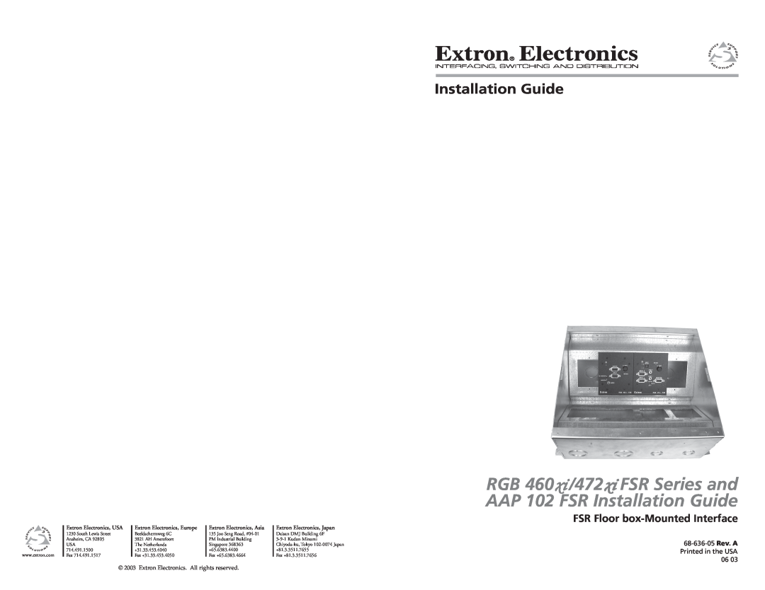 Extron electronic VGA M3 manual FSR Floor box-Mounted Interface, Extron Electronics, USA, Extron Electronics, Europe 