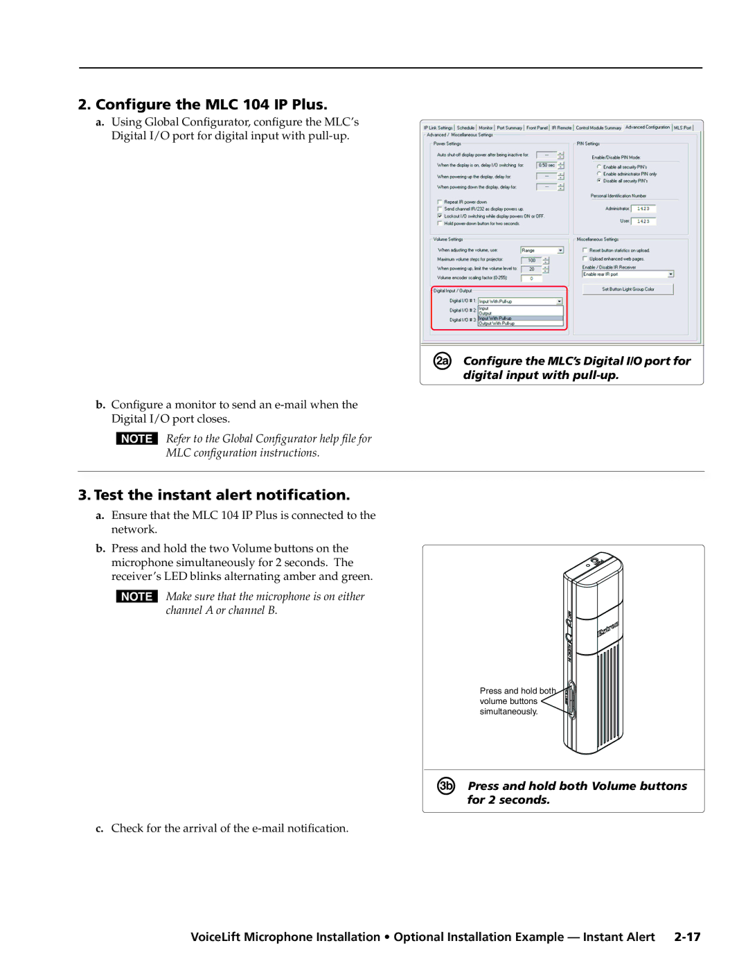 Extron electronic VLM 2000, VLM 1000 Configure the MLC 104 IP Plus, Test the instant alert notification, For 2 seconds 