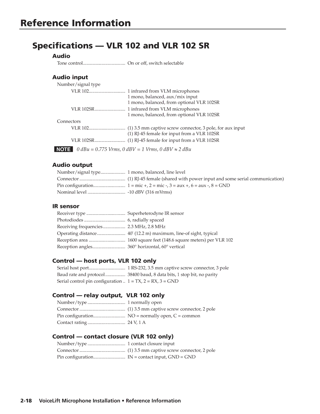 Extron electronic VLM 1000, VLM 2000 manual Reference Information, Specifications VLR 102 and VLR 102 SR 