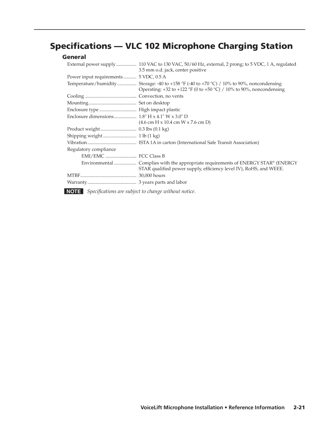 Extron electronic VLM 2000, VLM 1000 manual Specifications VLC 102 Microphone Charging Station 