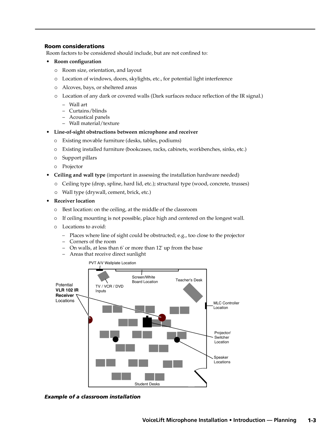 Extron electronic VLM 2000, VLM 1000 manual Room considerations, Room configuration, Example of a classroom installation 