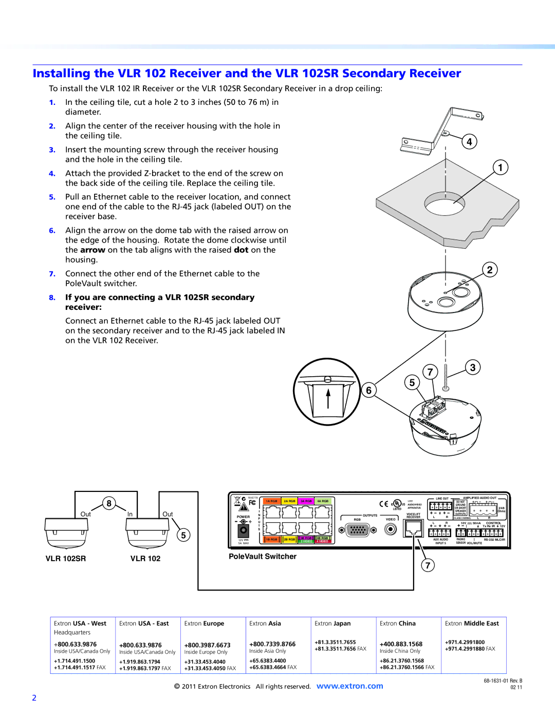 Extron electronic VLC 202, VLP 102, VLH 102 If you are connecting a VLR 102SR secondary receiver, Vlr, PoleVault Switcher 