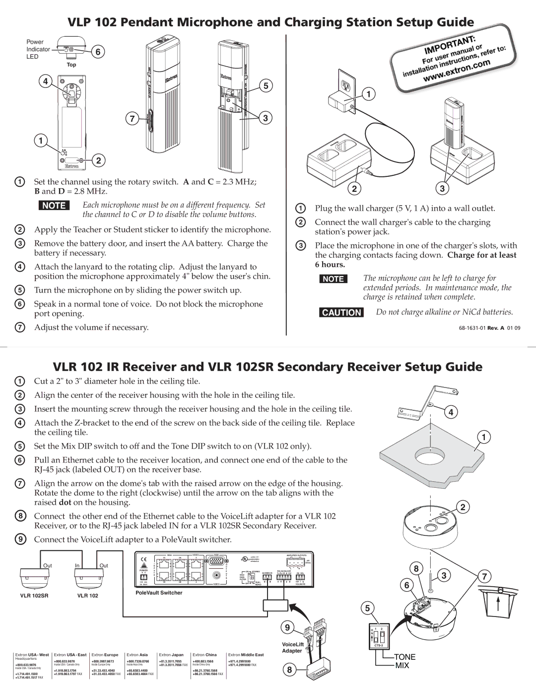 Extron electronic setup guide VLP 102 Pendant Microphone and Charging Station Setup Guide, D = 2.8 MHz, Hours 