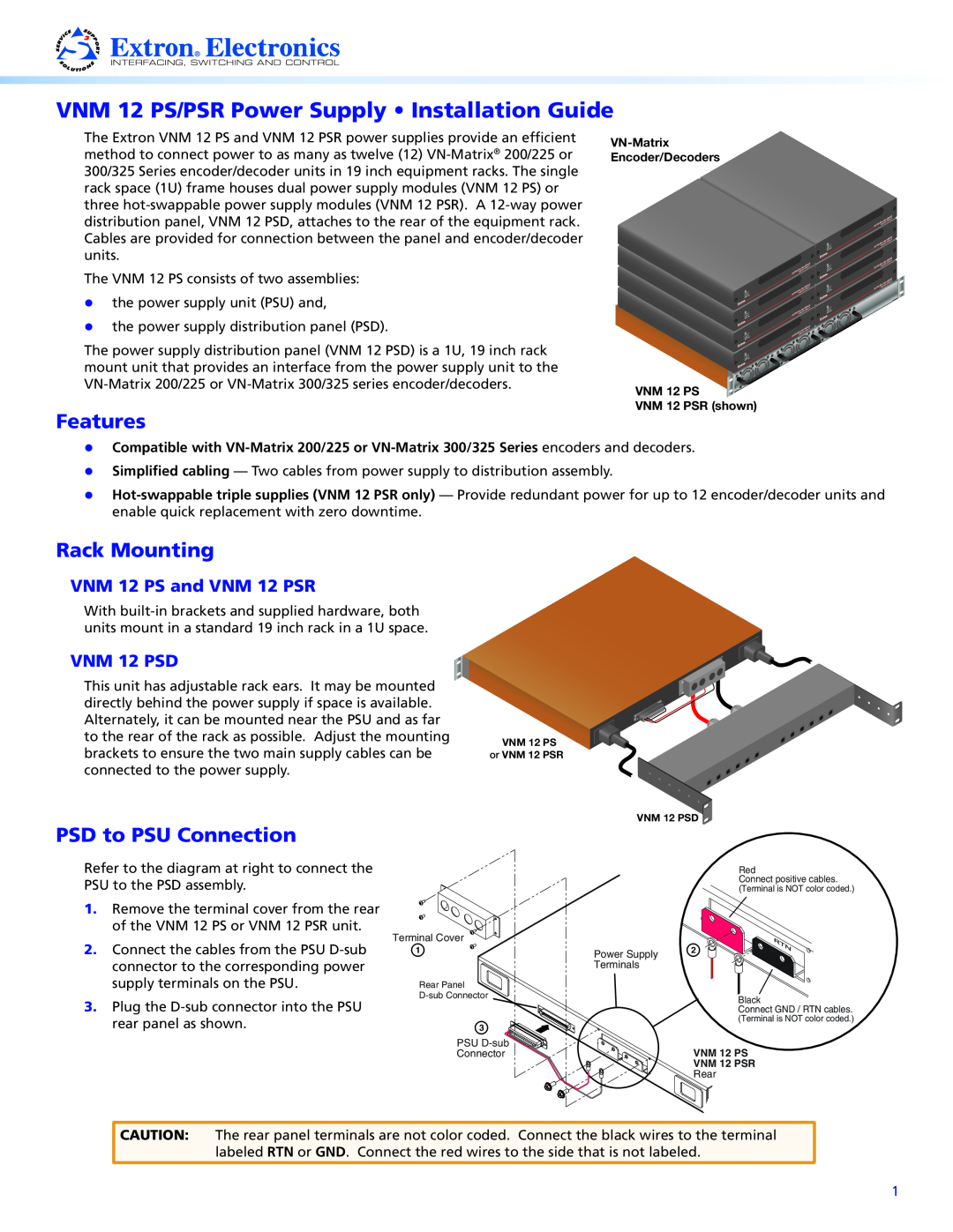 Extron electronic manual VNM 12 PS/PSR Power Supply Installation Guide, Features, Rack Mounting, PSD to PSU Connection 