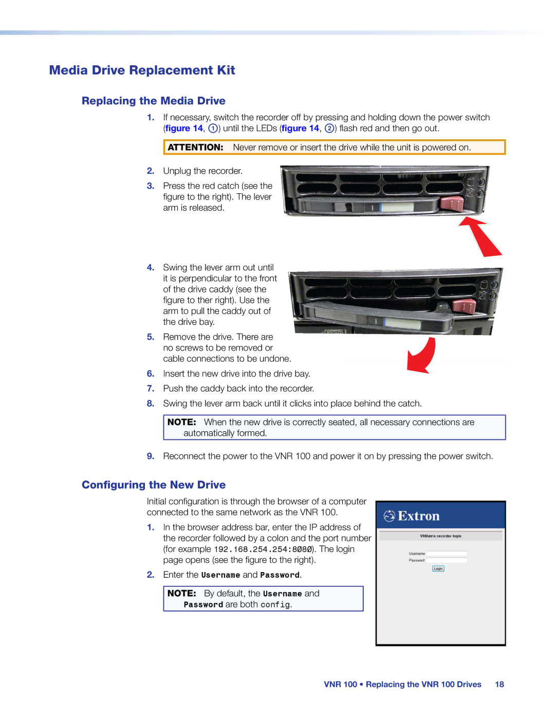 Extron electronic VNR 100 manual Media Drive Replacement Kit, Replacing the Media Drive 