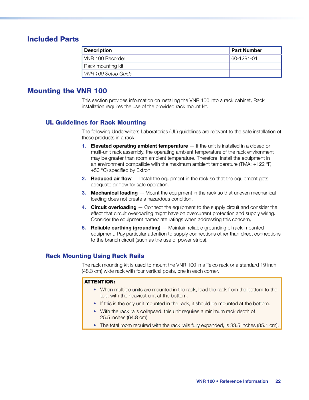 Extron electronic VNR 100 manual Included Parts, Mounting the VNR, UL Guidelines for Rack Mounting 