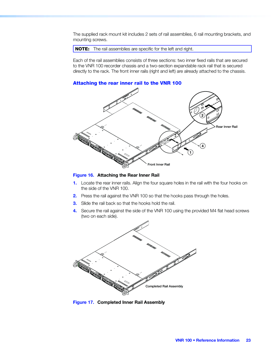 Extron electronic VNR 100 manual Attaching the rear inner rail to the VNR, Attaching the Rear Inner Rail 