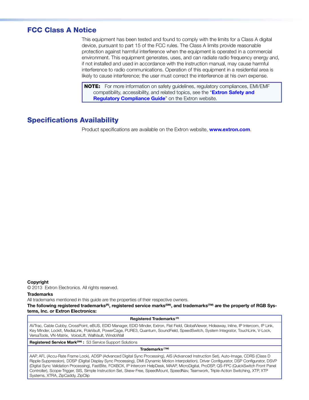 Extron electronic VNR 100 manual FCC Class a Notice Specifications Availability, Registered Trademarks 