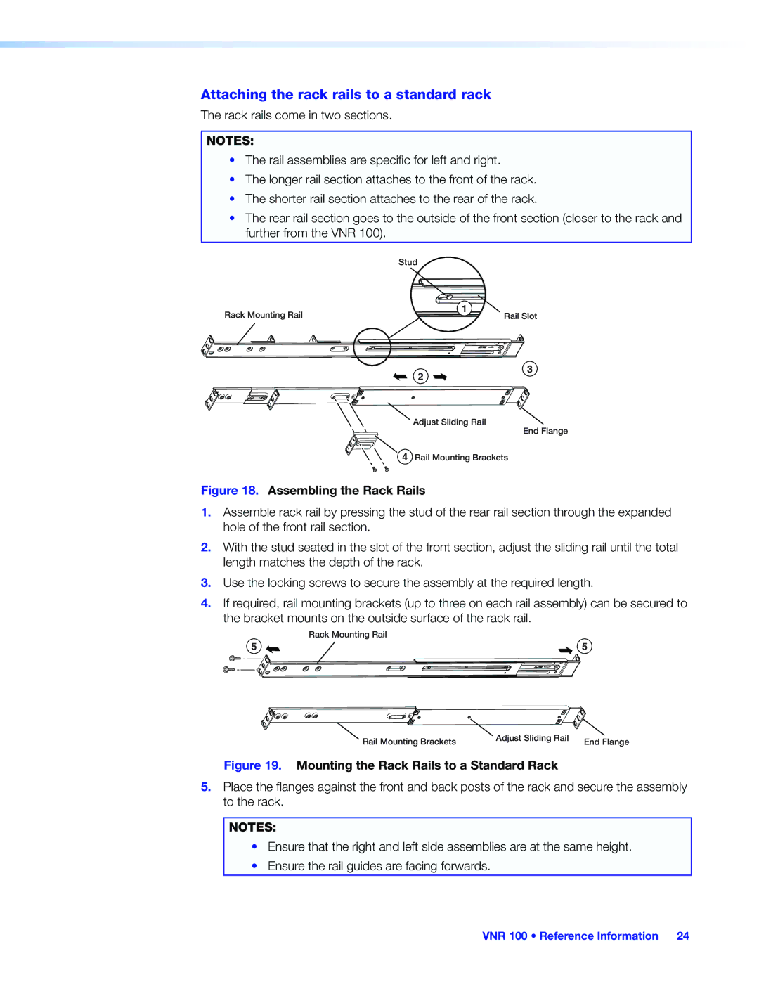Extron electronic VNR 100 manual Attaching the rack rails to a standard rack, Assembling the Rack Rails 