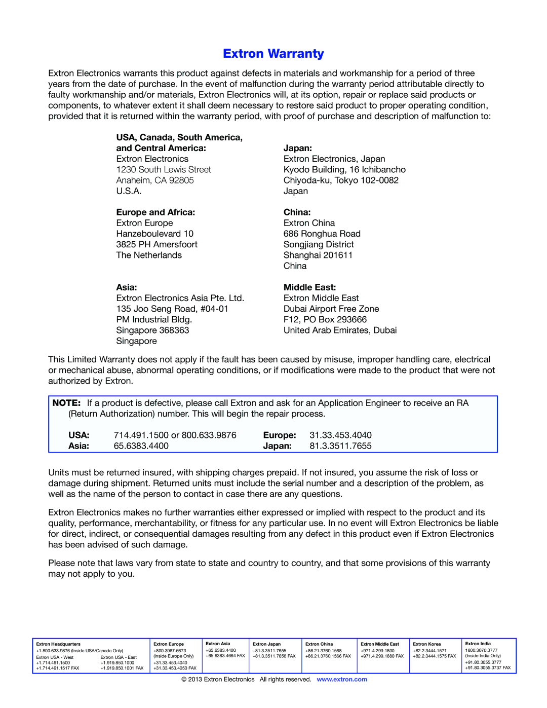 Extron electronic VNR 100 manual Extron Warranty, USA, Canada, South America Central America Japan 