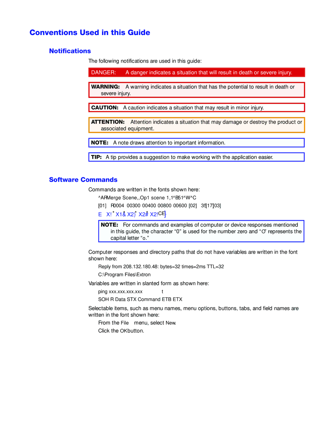 Extron electronic VNR 100 manual Conventions Used in this Guide, Notifications, Software Commands 