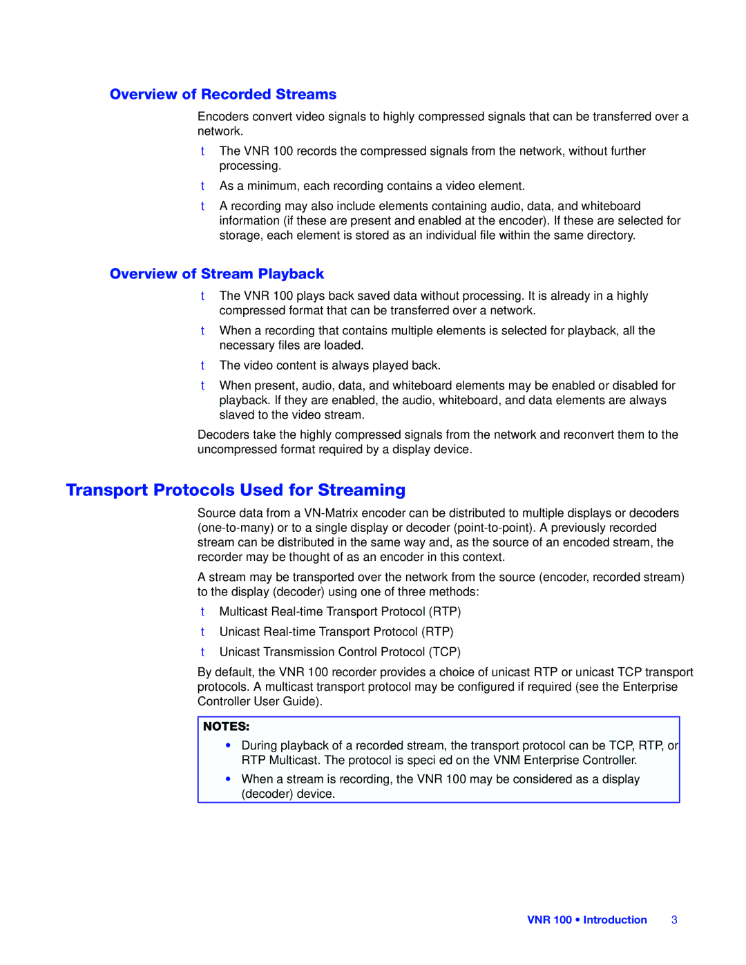 Extron electronic VNR 100 manual Transport Protocols Used for Streaming, Overview of Recorded Streams 