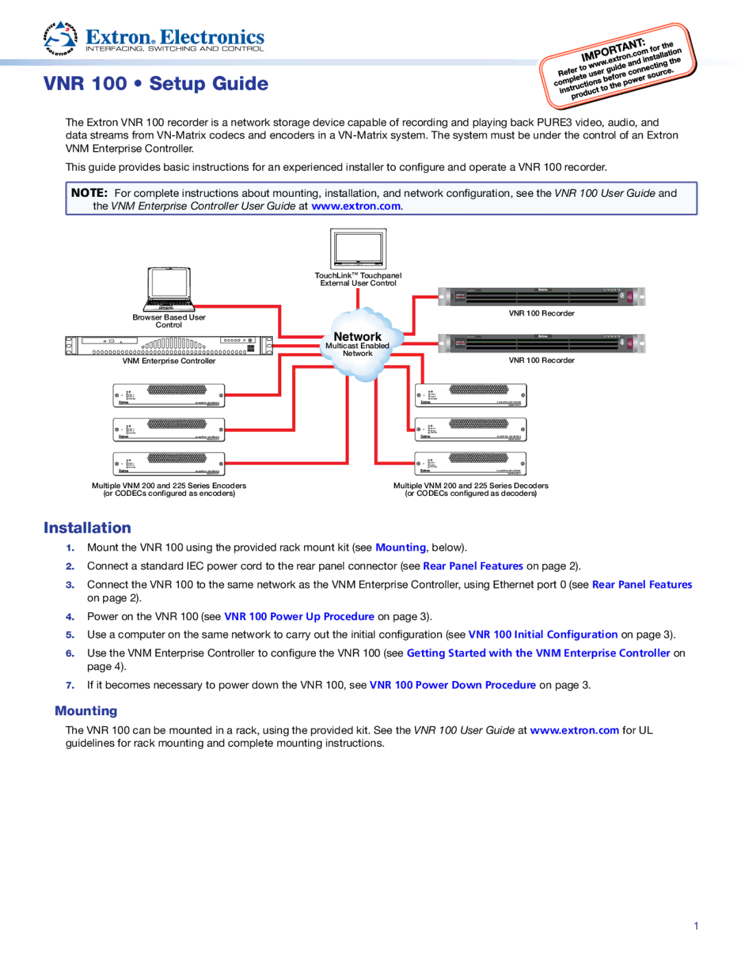 Extron electronic setup guide VNR 100 Setup Guide, Installation 