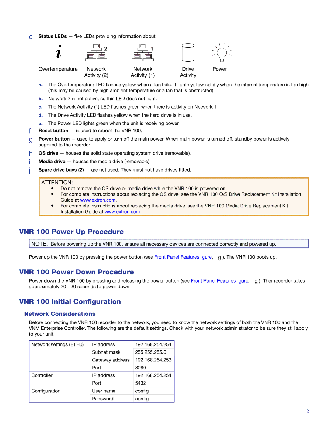 Extron electronic setup guide VNR 100 Power Up Procedure, VNR 100 Power Down Procedure, VNR 100 Initial Configuration 