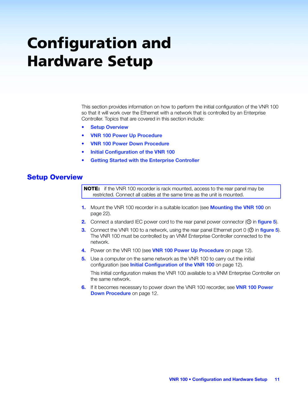 Extron electronic manual Configuration and Hardware Setup, Setup Overview VNR 100 Power Up Procedure 