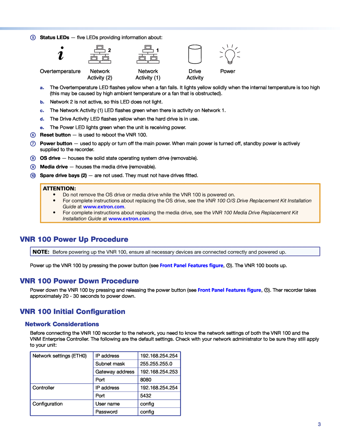 Extron electronic VNR 100 Power Up Procedure, VNR 100 Power Down Procedure, VNR 100 Initial Configuration, Network 