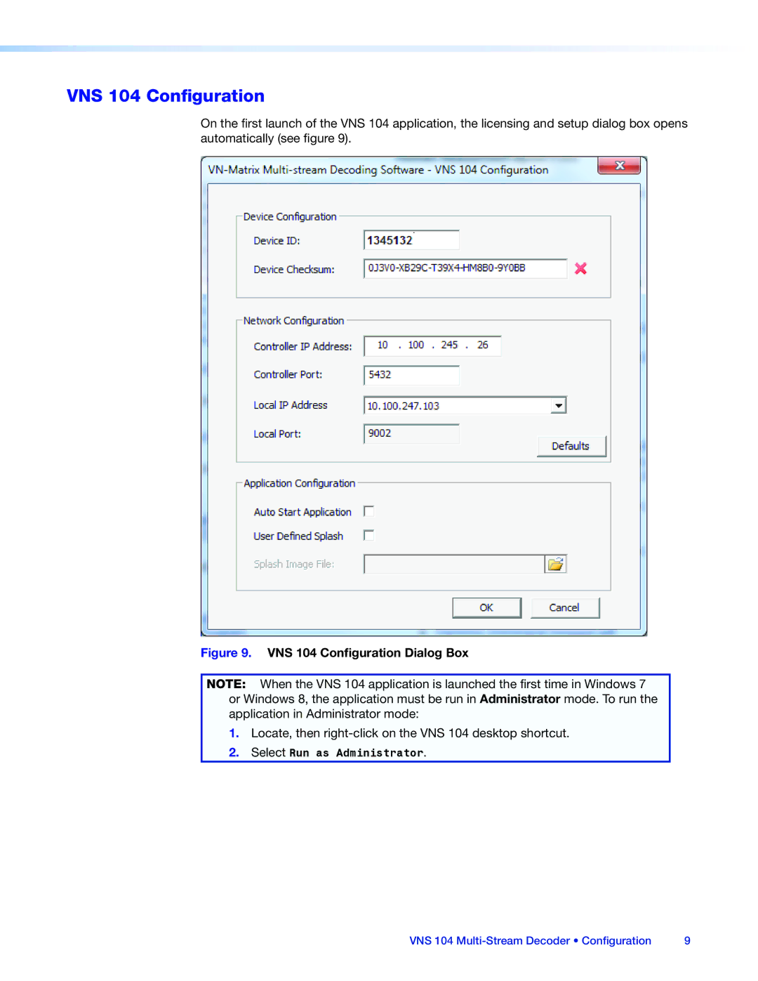 Extron electronic manual VNS 104 Configuration Dialog Box 