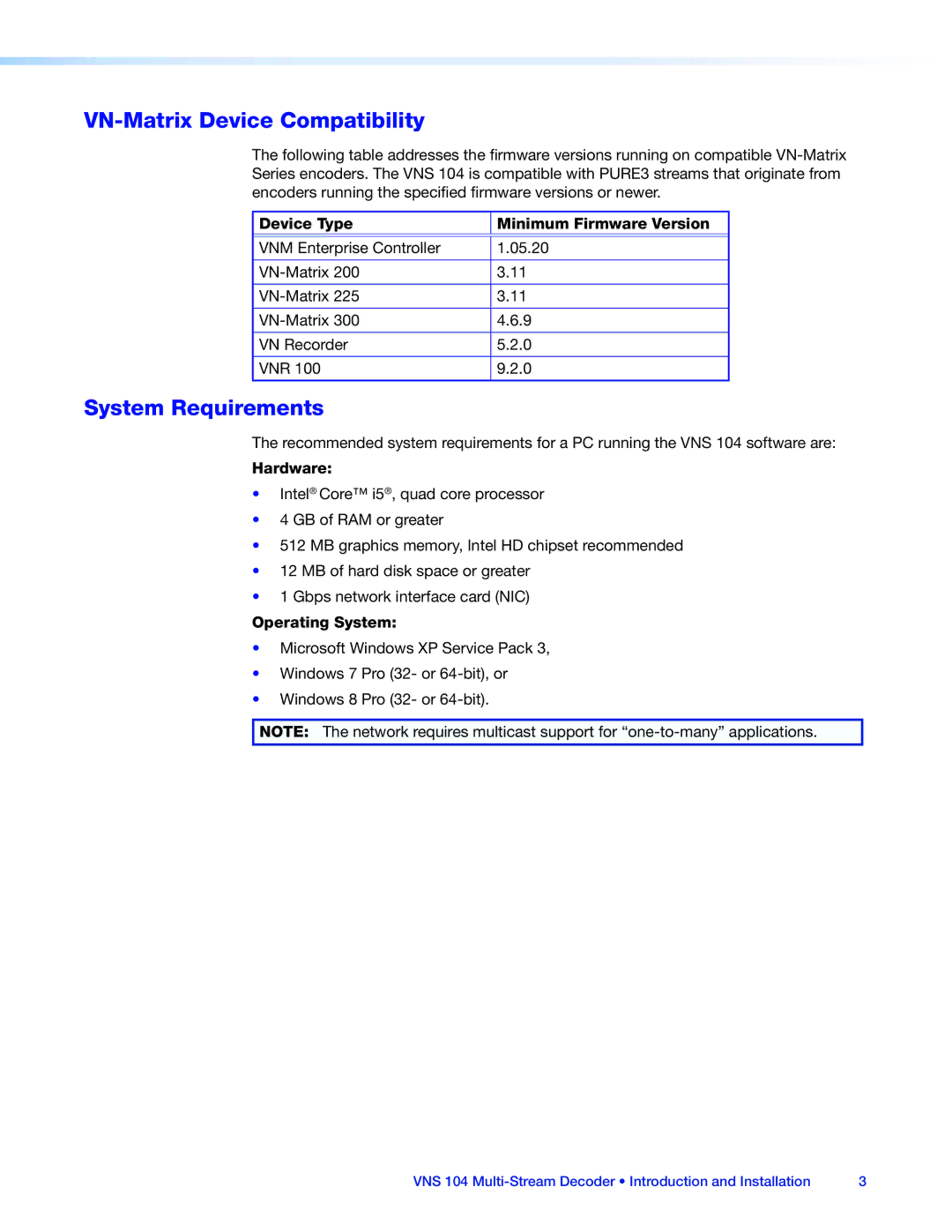 Extron electronic VNS 104 manual VN-Matrix Device Compatibility, System Requirements 