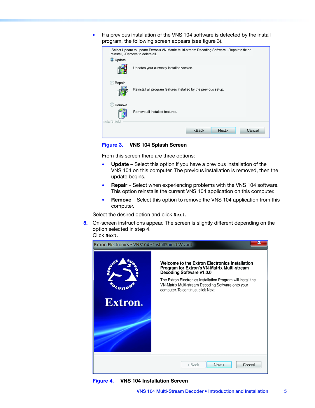 Extron electronic manual VNS 104 Splash Screen, VNS 104 Installation Screen 