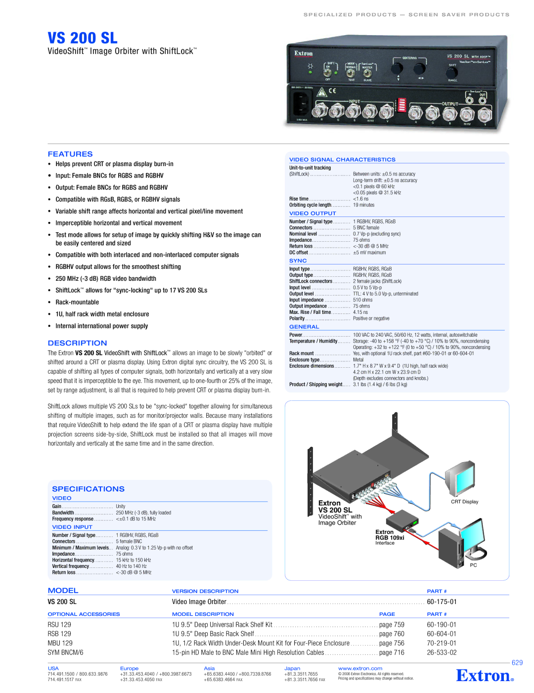 Extron electronic VS 200 SL specifications Features, Description, Specifications, Model, 629 