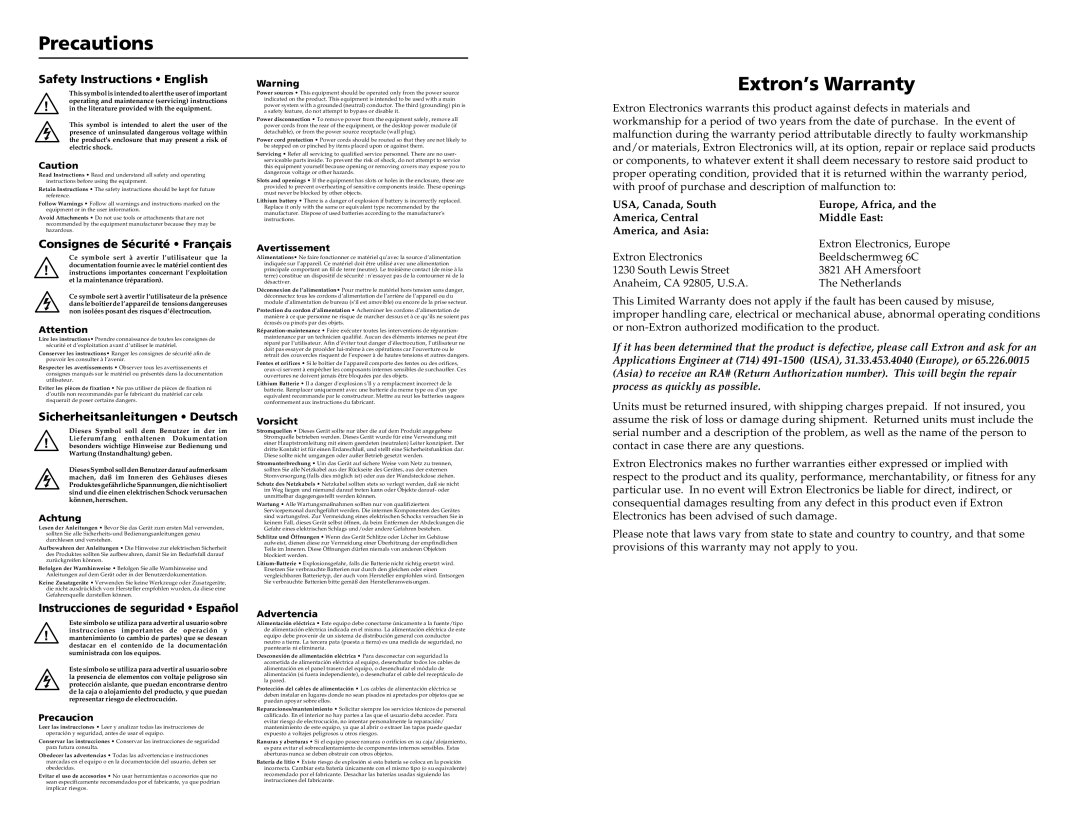 Extron electronic VS 200 SL user manual Precautions 