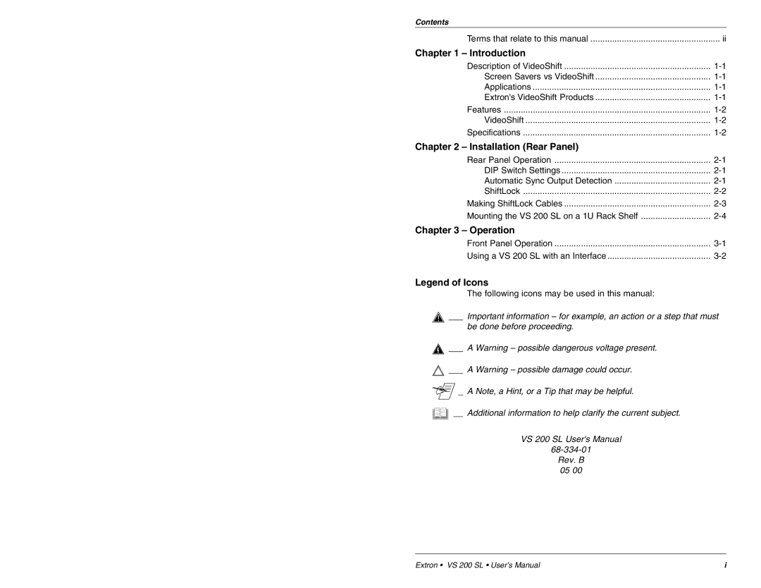 Extron electronic VS 200 SL user manual Introduction, Installation Rear Panel, Operation 