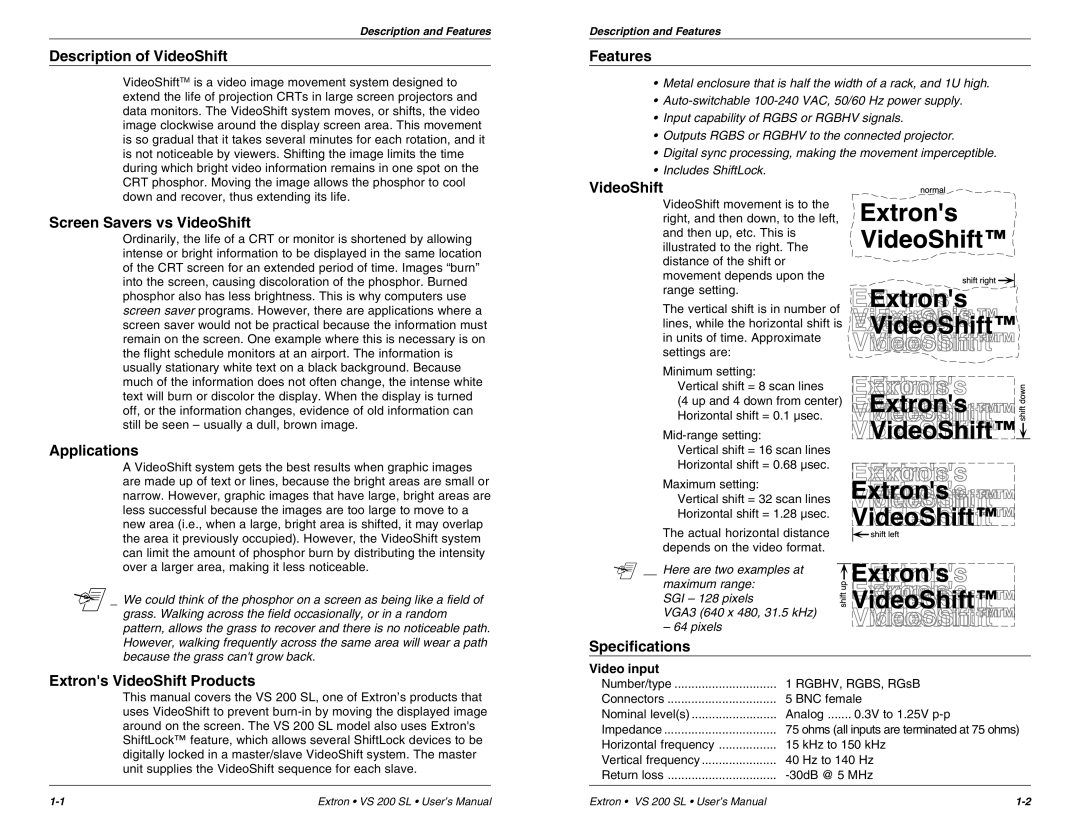 Extron electronic VS 200 SL Description of VideoShift, Screen Savers vs VideoShift, Applications, Features, Specifications 