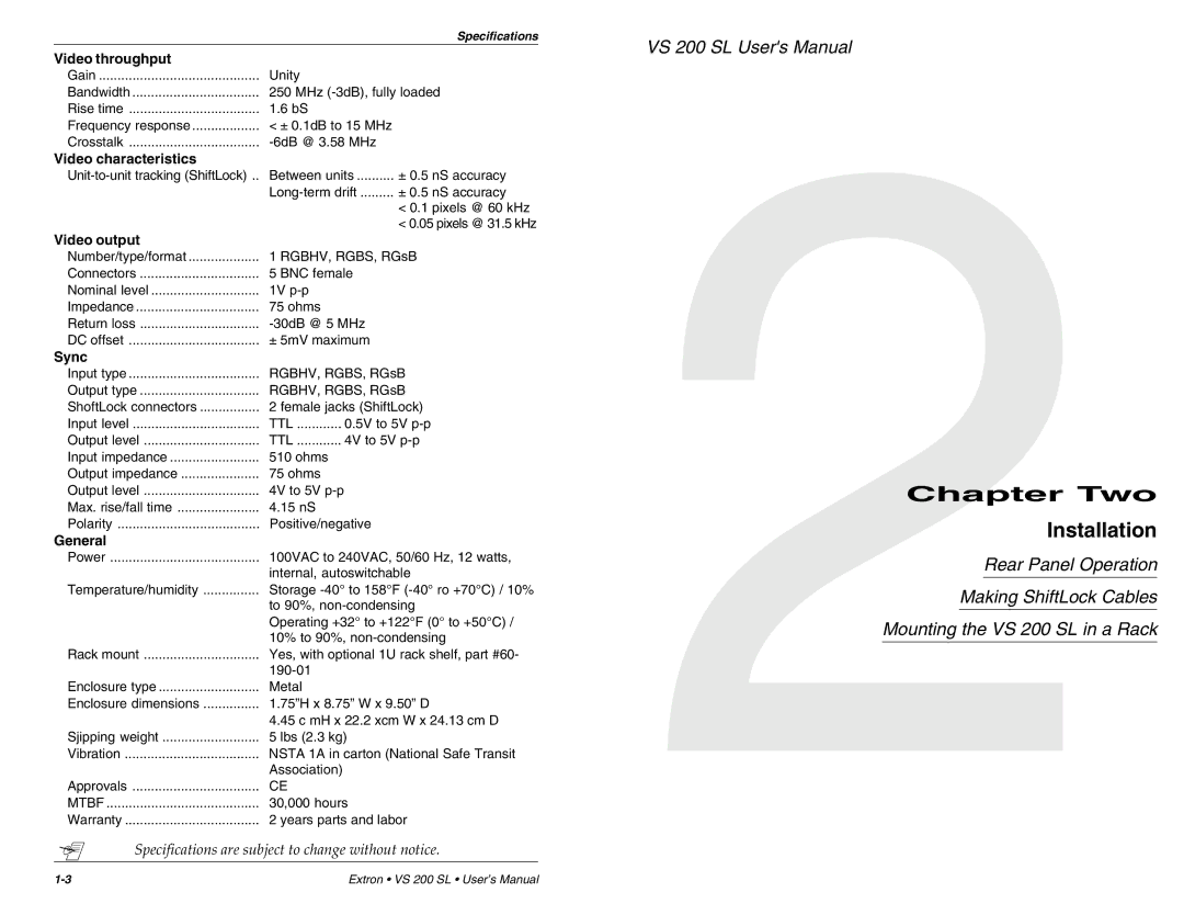 Extron electronic VS 200 SL user manual Installation 