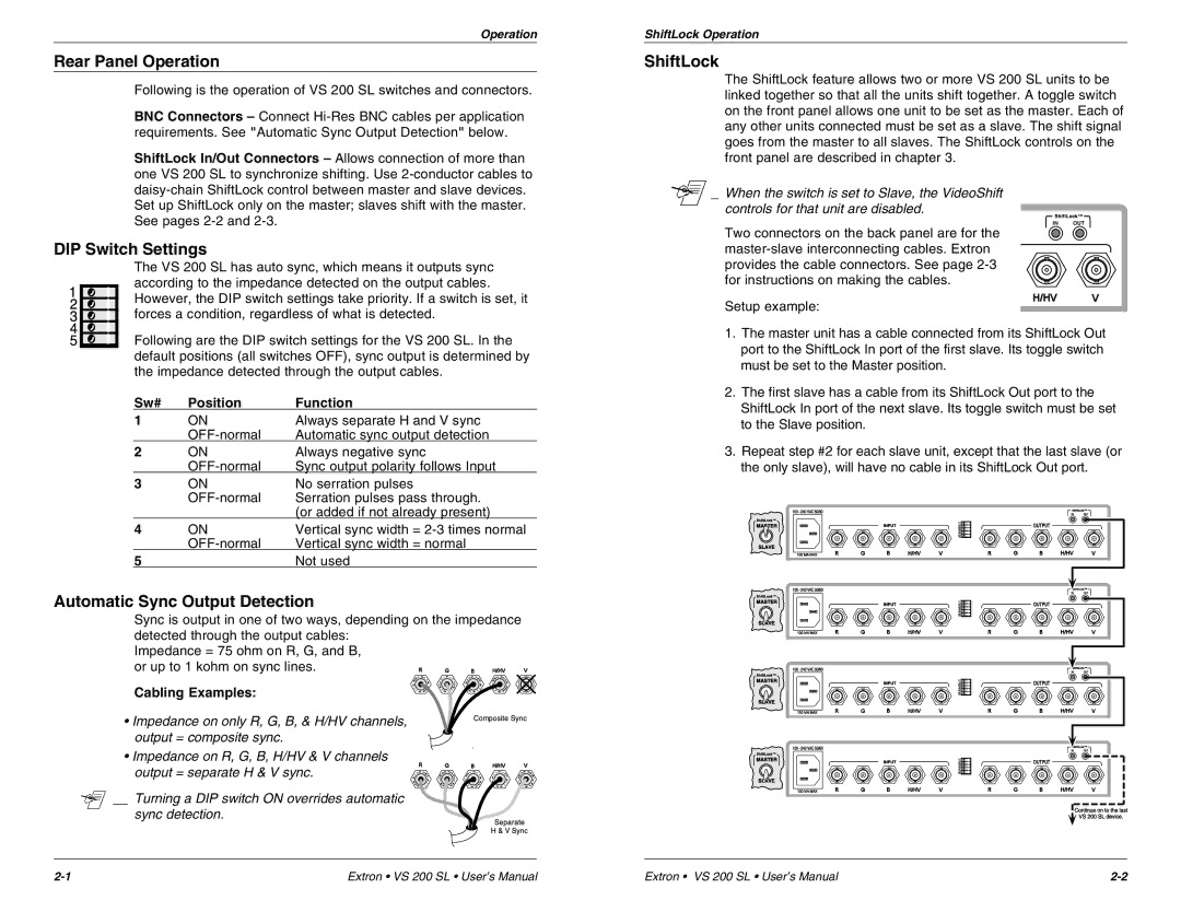 Extron electronic VS 200 SL Rear Panel Operation, DIP Switch Settings, Automatic Sync Output Detection, ShiftLock 