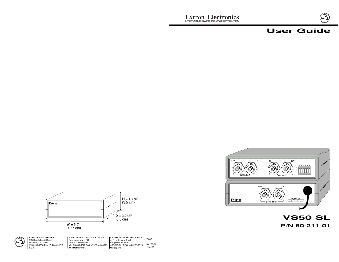 Extron electronic VS50 SL manual User Guide, Extron Electronics, Extron ELECTRONICS, Europe Extron ELECTRONICS, Asia 