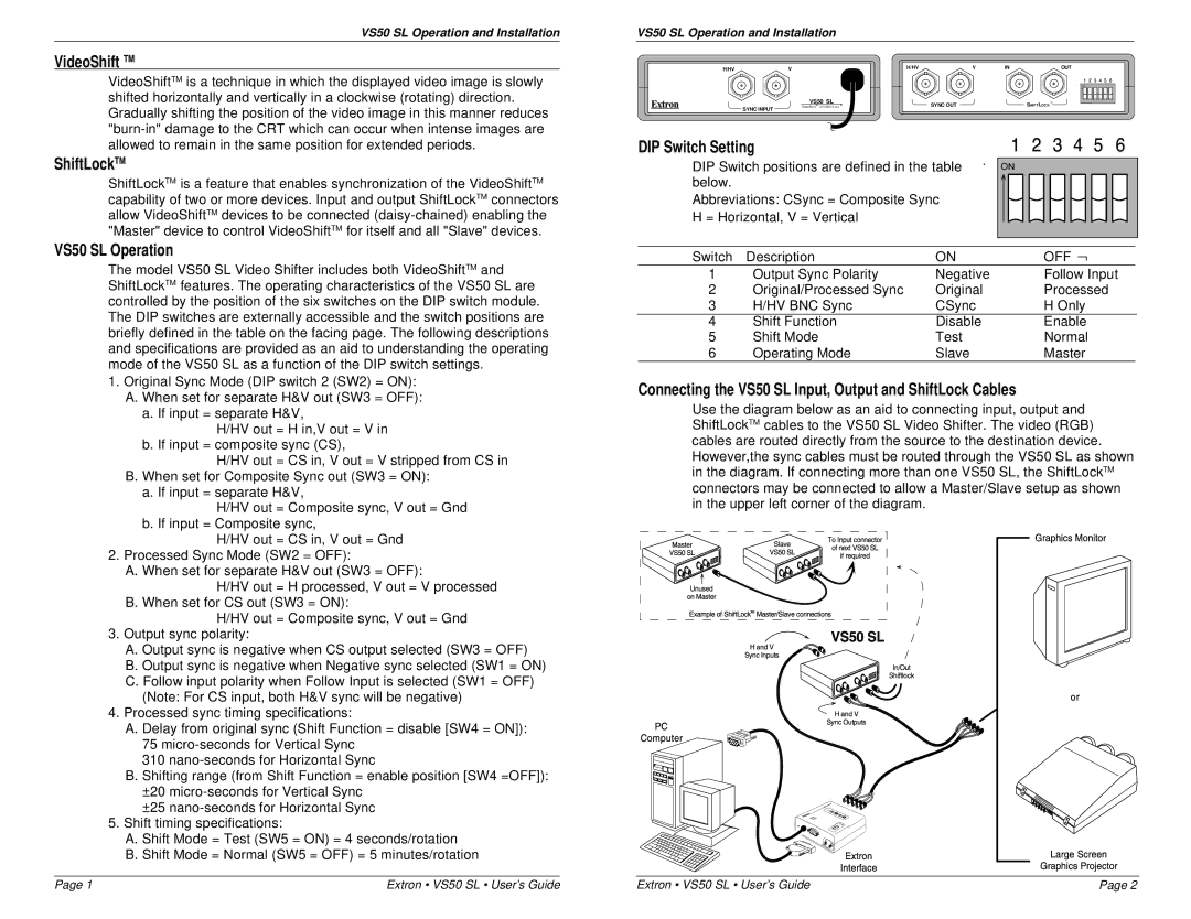 Extron electronic manual VideoShift TM, ShiftLockTM, VS50 SL Operation, DIP Switch Setting 