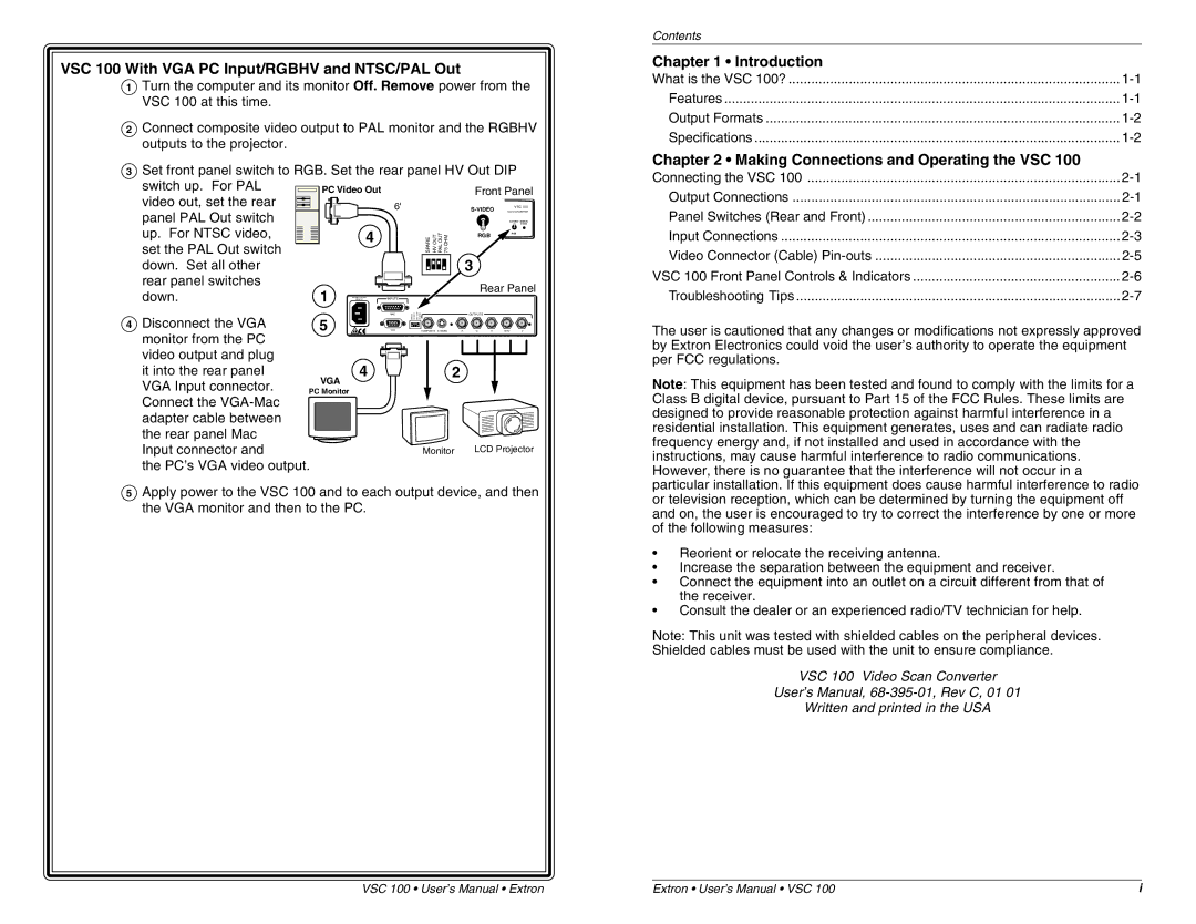 Extron electronic user manual VSC 100 With VGA PC Input/RGBHV and NTSC/PAL Out, Introduction 